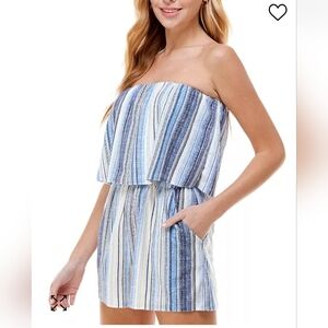 BeBop Blue White Striped Tube Top Romper XL  Elastic Waist, Pockets, 2.5" Inseam